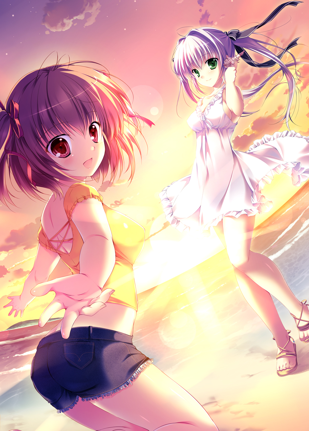 2girls, :d, ass, breasts, brown_hair, dress, green_eyes, highres
