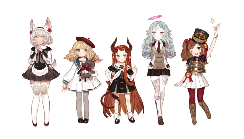 5girls, animal_ears, apron, aqua_hair, auburn_hair, bandages, beret, blonde_hair