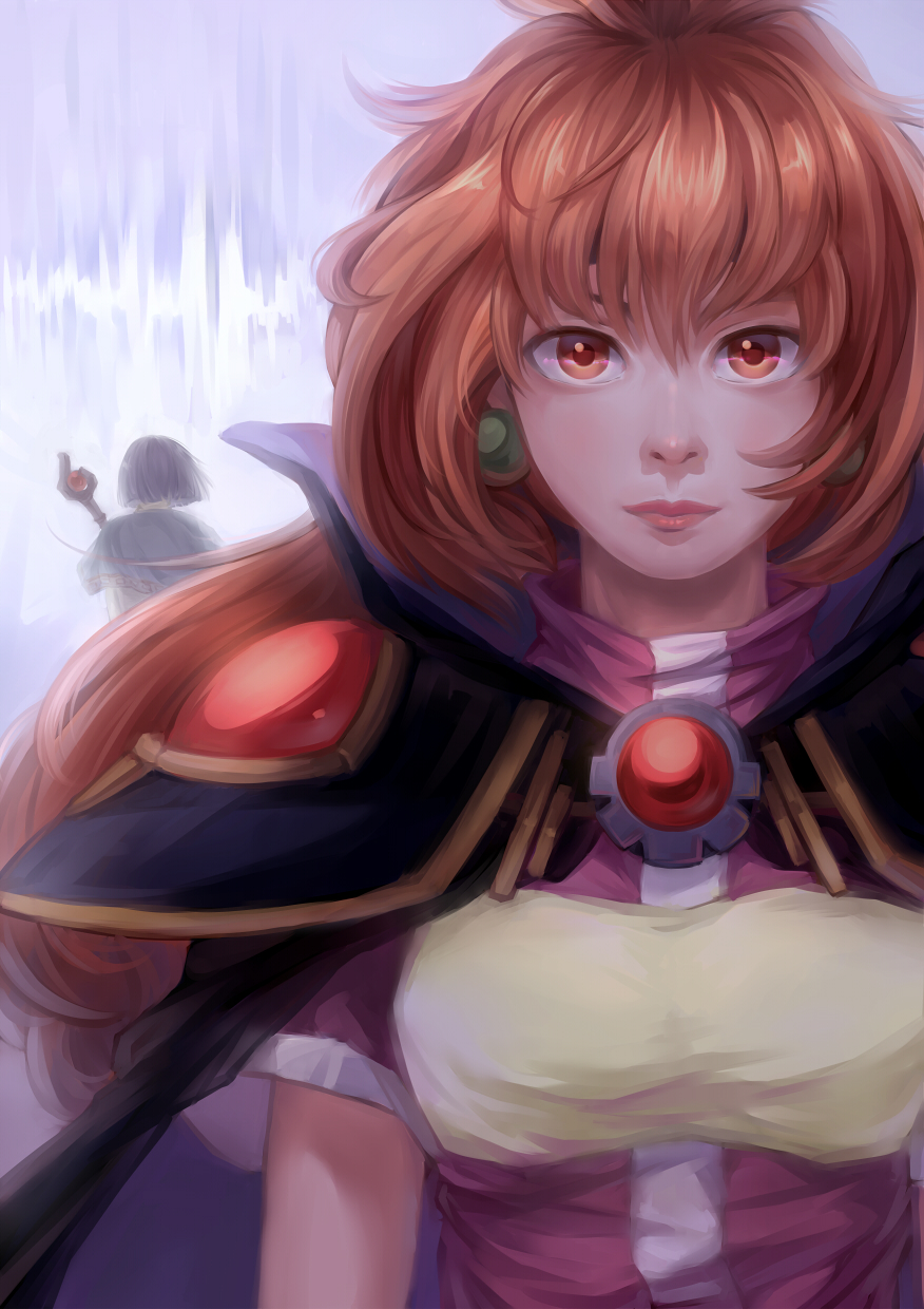 1boy, 1girl, cape, cloak, earrings, highres, jewelry, lina_inverse