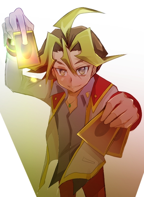 1boy, blonde_hair, brown_hair, card, grin, holding, holding_card, jacket