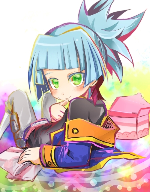 1boy, blue_hair, cake, cream_on_face, food, green_eyes, jacket, lying