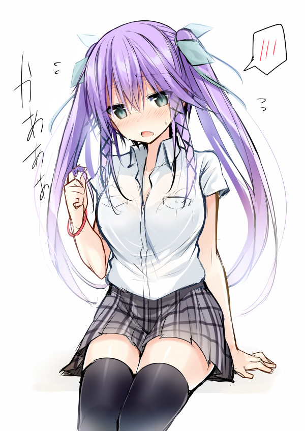 black_legwear, bracelet, breasts, green_eyes, hair_ribbon, jewelry, kazu_kakao, long_hair