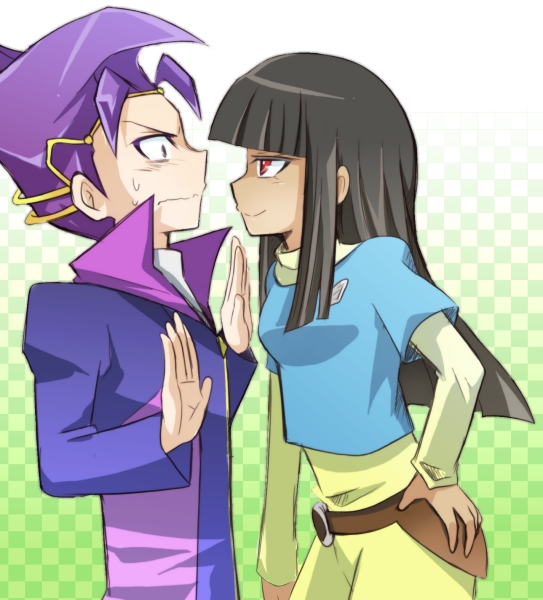 1boy, 1girl, black_hair, dark_skin, eye_contact, hand_on_hip, kotsu_masumi, looking_at_another