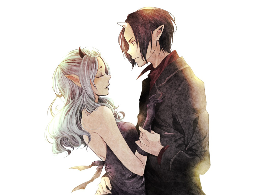 1boy, 1girl, black_hair, green_hair, hoozuki_(hoozuki_no_reitetsu), hoozuki_no_reitetsu, horn, kaneko_(05244256), long_hair, okou_(hoozuki_no_reitetsu), pointy_ears