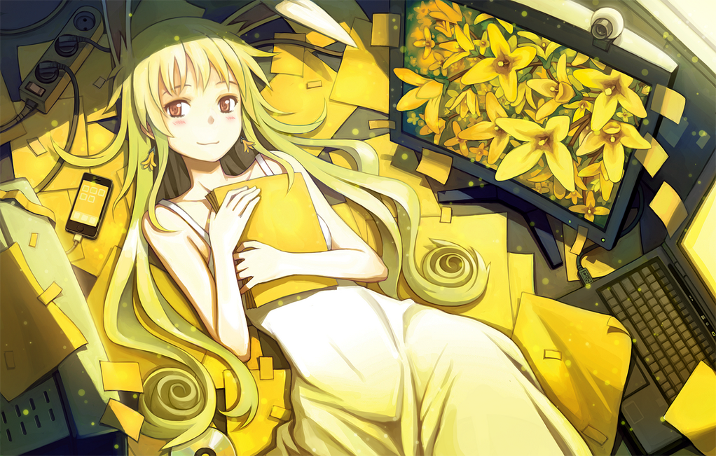1girl, :3, bail, blonde_hair, blush, brown_eyes, cellphone, computer_screen
