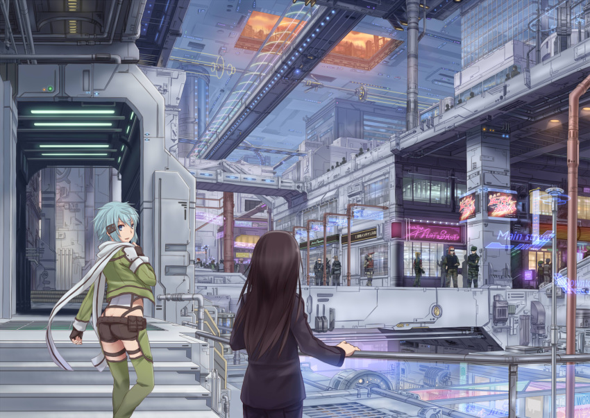 1girl, asada_shino, black_hair, blue_eyes, blue_hair, cyberpunk, fingerless_gloves, gloves