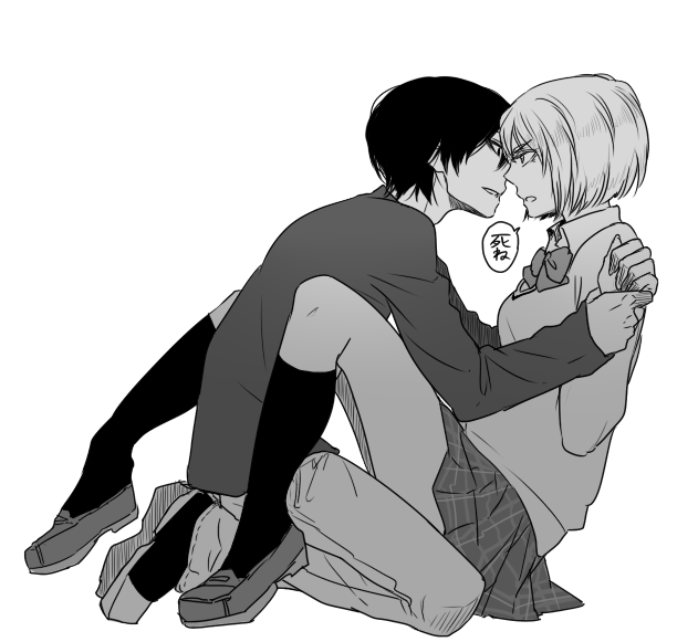 1boy, 1girl, black_hair, black_legwear, face-to-face, kago1205, mauria, original