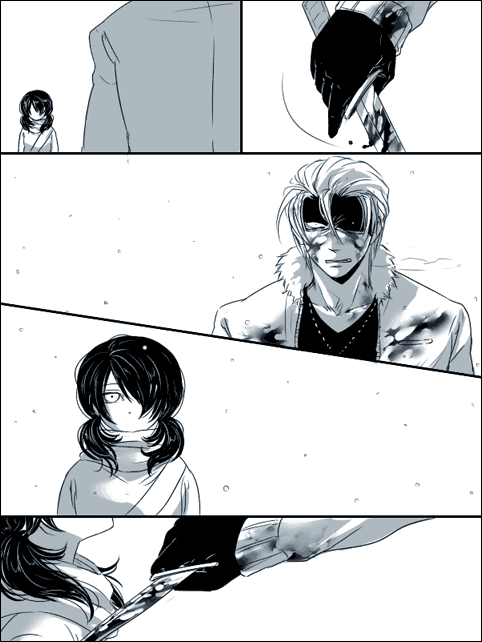 1boy, 1girl, a_wil, black_hair, blood, comic, hair_over_one_eye, kago1205