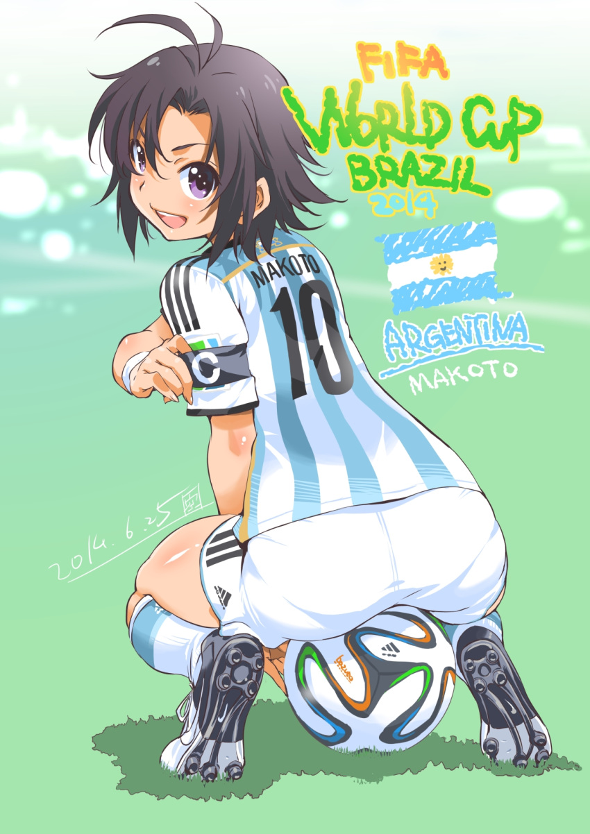 1girl, 2014_fifa_world_cup, :p, antenna_hair, armband, ass, ball, black_hair