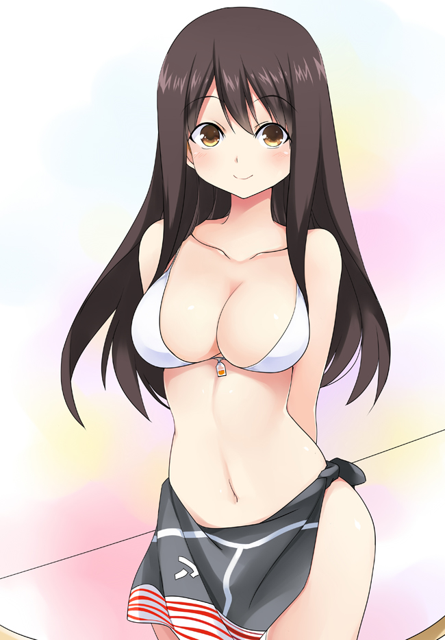 1girl, akagi_(kantai_collection), alternate_costume, arms_behind_back, bikini, blush, bow_(weapon), breasts