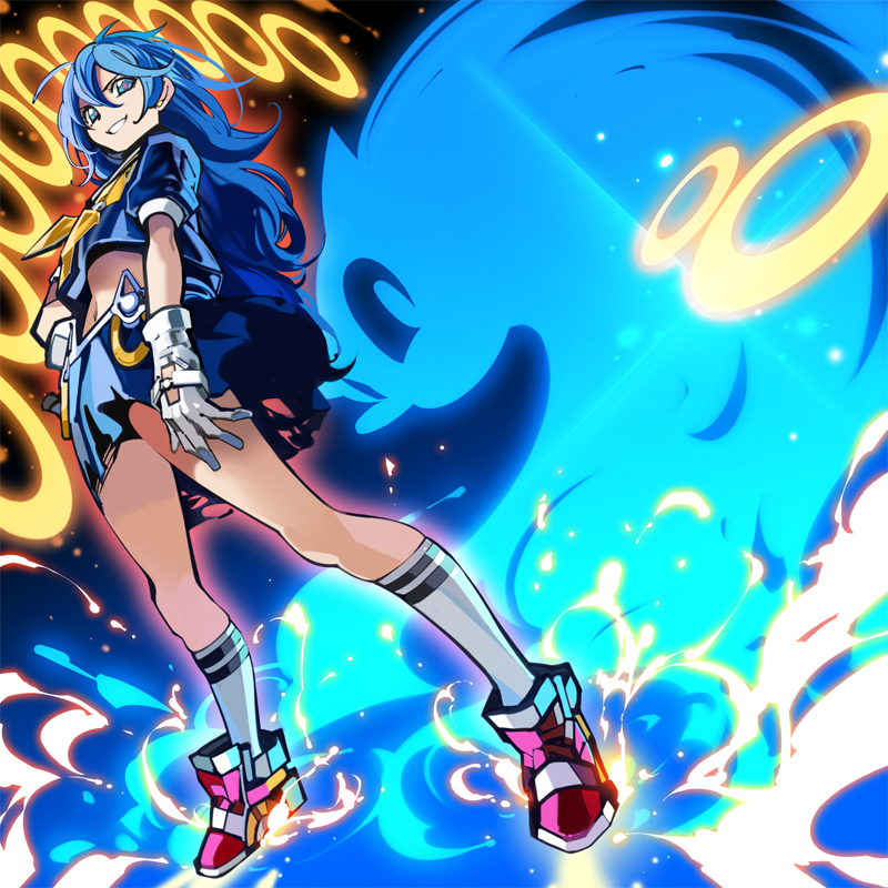 1girl, blue_eyes, blue_hair, genderswap, gloves, humanization, long_hair, personification