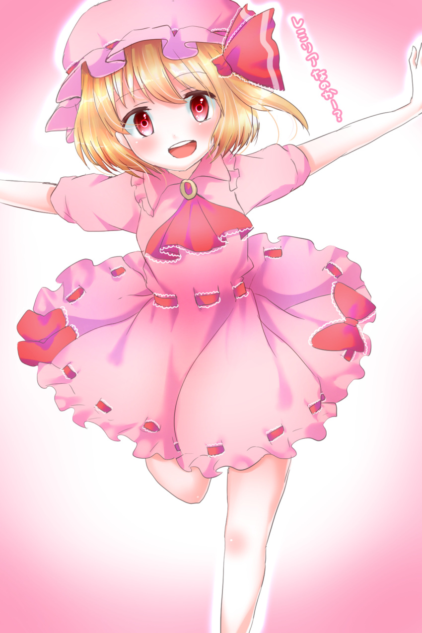1girl, :d, ascot, blonde_hair, dress, frilled_dress, frills, hair_ribbon