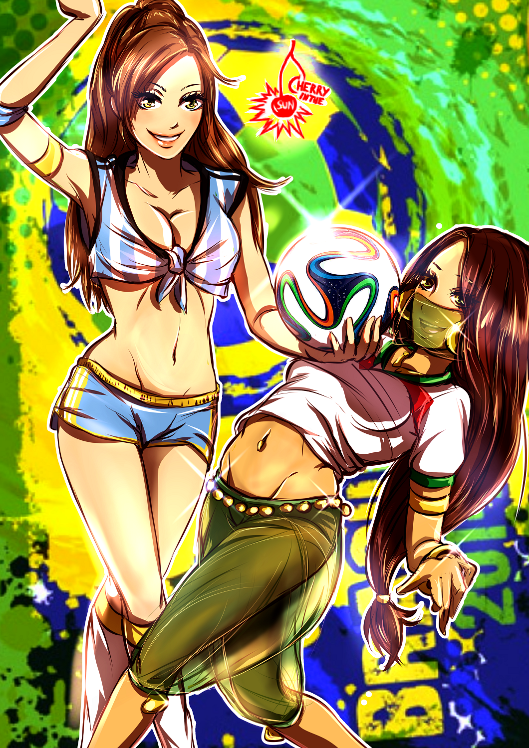 2014_fifa_world_cup, 2girls, ball, brazuca, breasts, brown_eyes, brown_hair, cherryinthesun