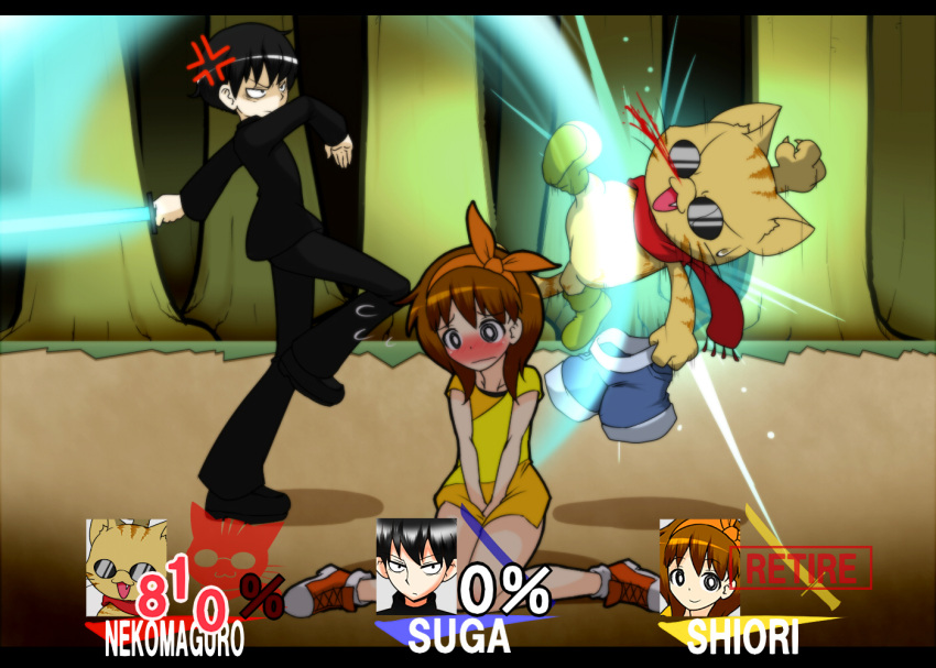 1boy, 1girl, anger_vein, angry, bags_under_eyes, bangs, black_eyes, black_hair