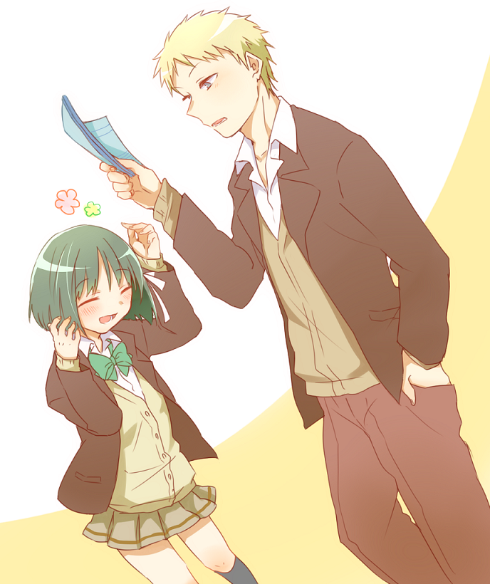1boy, 1girl, blonde_hair, blush, closed_eyes, green_hair, hair_ribbon, isshuukan_friends