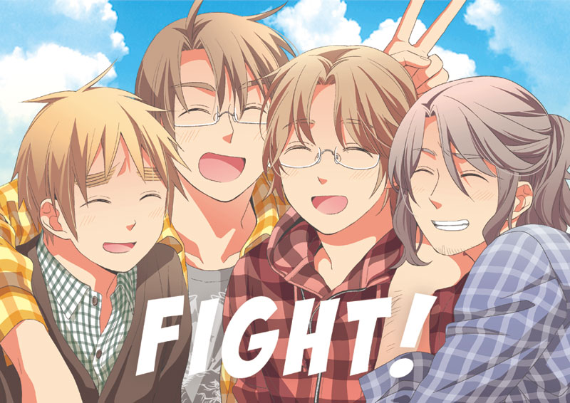 4boys, arm_over_shoulder, axis_powers_hetalia, blonde_hair, brown_hair, character_request, closed_eyes, commentary_request