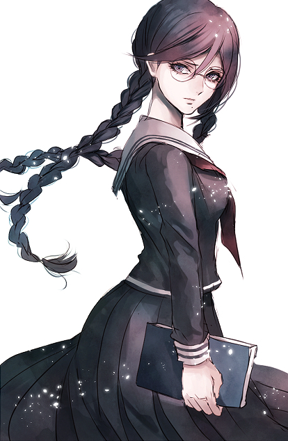 1girl, book, braid, brown_hair, dangan_ronpa, fukawa_touko, glasses, long_hair