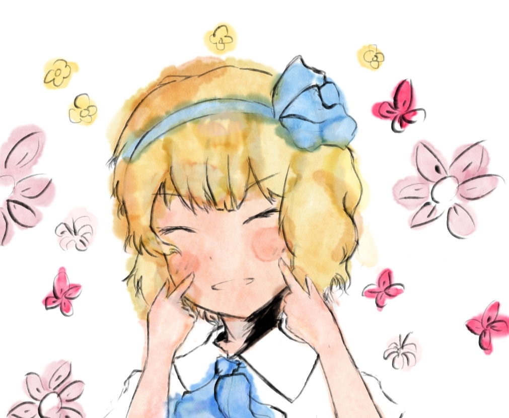 1girl, alice_margatroid, alice_margatroid_(pc-98), ascot, blonde_hair, blush_stickers, butterfly, closed_eyes, fingers_to_cheeks, flower, hair_ribbon, ribbon, shirt, simple_background, smile, solo, timesoe, touhou, touhou_(pc-98), white_background, white_shirt