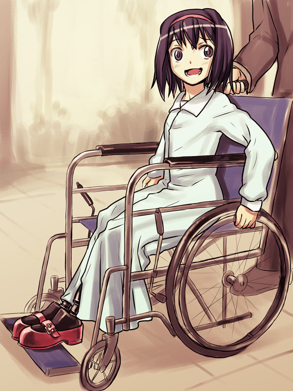 1girl, 774_(nanashi), amputee, black_hair, commentary_request, double_amputee, hairband, open_mouth