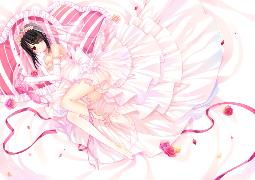 1girl, ass, bird, black_hair, blush, bra, breasts, bridal_veil, cleavage, clock_eyes, date_a_live, dress, elbow_gloves, flower, gloves, grandia_(artist), heart, heart_pillow, heterochromia, highres, large_breasts, long_hair, looking_at_viewer, lying, petals, pillow, pink_bra, polka_dot, polka_dot_bra, red_eyes, ribbon, rose, see-through, smile, solo, thigh-highs, tokisaki_kurumi, underwear, veil, wedding_dress, white_gloves, white_legwear, yellow_eyes