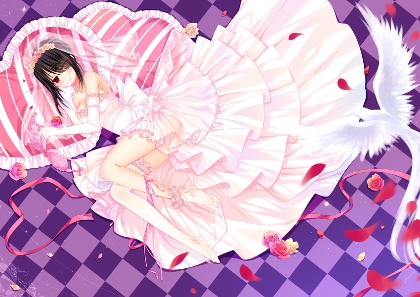 1girl, ass, bird, black_hair, blush, bra, breasts, bridal_veil