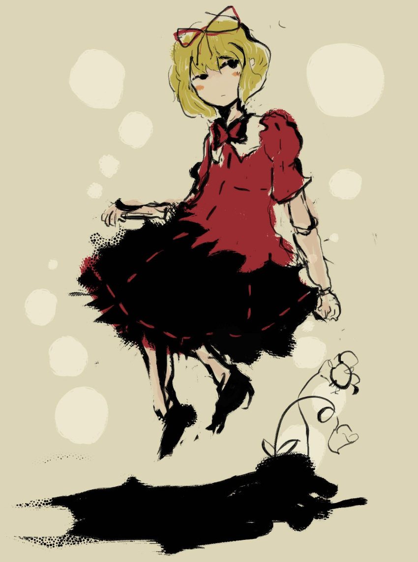 1girl, beige_background, black_skirt, blonde_hair, blush_stickers, bow, doll_joints, faux_traditional_media