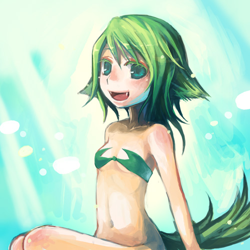 bad_id, fang, green_eyes, green_hair, kirino_moegi, light, lowres, original