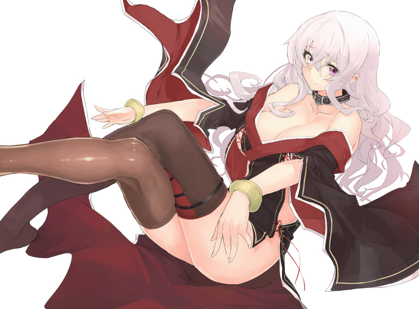 1girl, angelo_(gomahangetsu), bracelet, breasts, brown_legwear, cleavage, collar, heterochromia