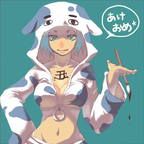 :q, bad_id, blue_eyes, blue_hair, calligraphy_brush, cow_costume, cow_girl, cow_print, kirino_moegi, lowres, midriff, original, paint, paintbrush, solo, tongue, translated