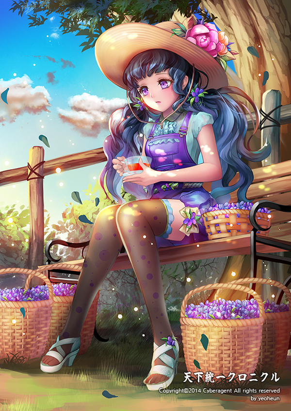 1girl, basket, bench, black_hair, cup, fence, flower, hat