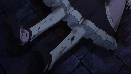 4girls, akari_acura, animated, animated_gif, antenna_hair, blonde_hair, blood, chibi, corpse, dress, frederika_(hitsugi_no_chaika), green_hair, hairband, hammer, hitsugi_no_chaika, long_hair, lowres, multiple_girls, ringlets, screencap, spoilers, viivi_holopainen, zita_brusasco
