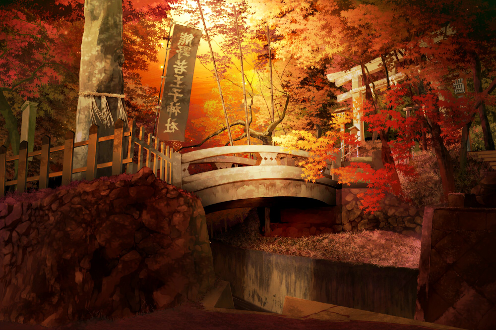 autumn, autumn_leaves, banner, bridge, fence, flag, forest, nature, no_humans, real_world_location, river, sashimono, sign, tokoroten_(hmmuk), torii