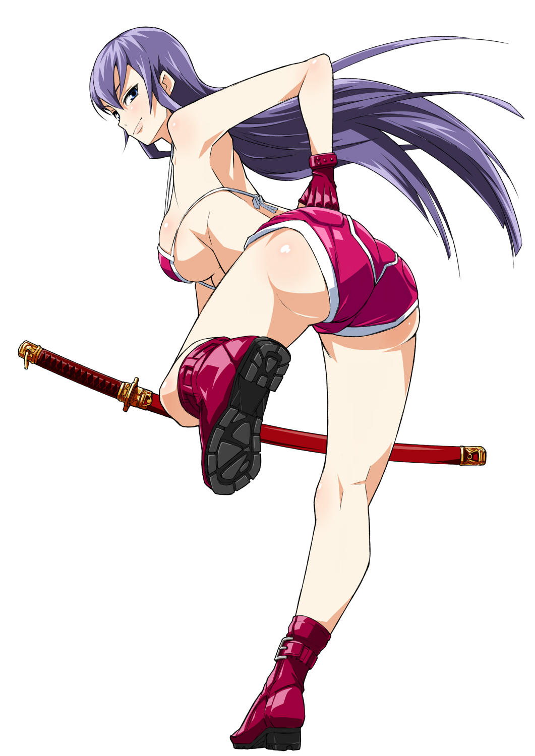1girl, ass, bent_over, bikini_top, blue_eyes, boots, breasts, busujima_saeko, from_behind, full_body, gishi, gloves, hand_on_hip, highres, highschool_of_the_dead, katana, legs, long_hair, looking_at_viewer, looking_back, purple_hair, scabbard, sheath, short_shorts, shorts, sideboob, smirk, solo, sword, weapon, white_background