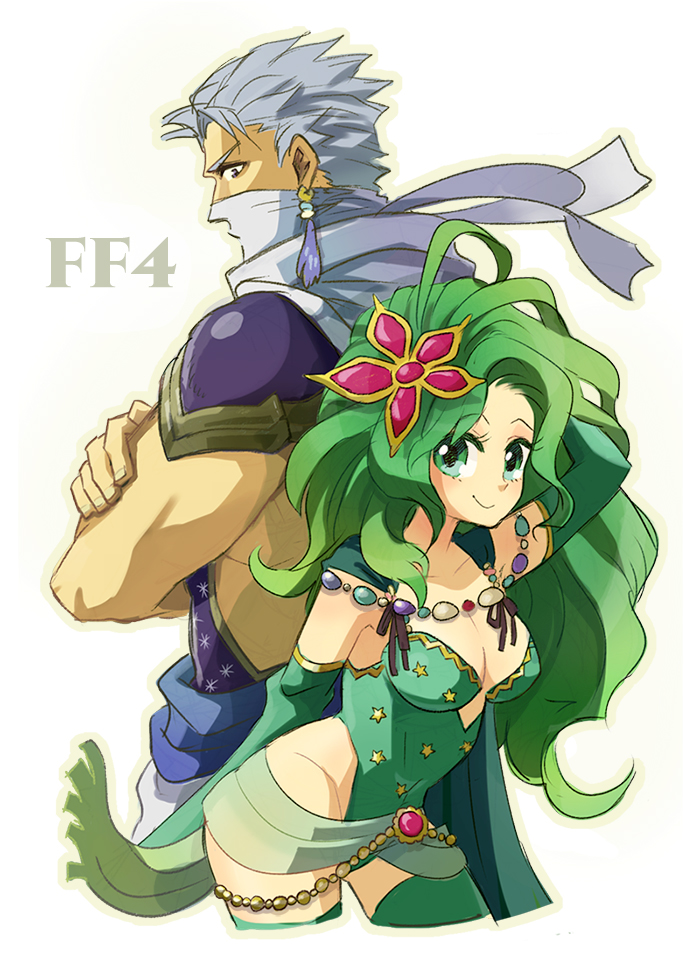 1boy, 1girl, back-to-back, breasts, cape, cleavage, copyright_name, earrings, edward_geraldine, elbow_gloves, final_fantasy, final_fantasy_iv, gloves, green_eyes, green_hair, hair_ornament, jewelry, leotard, long_hair, looking_at_another, looking_at_viewer, mask, necklace, rydia, sash, shiba_wangoro, shoulder_pads, silver_hair, spiky_hair, thigh-highs, violet_eyes, white_background