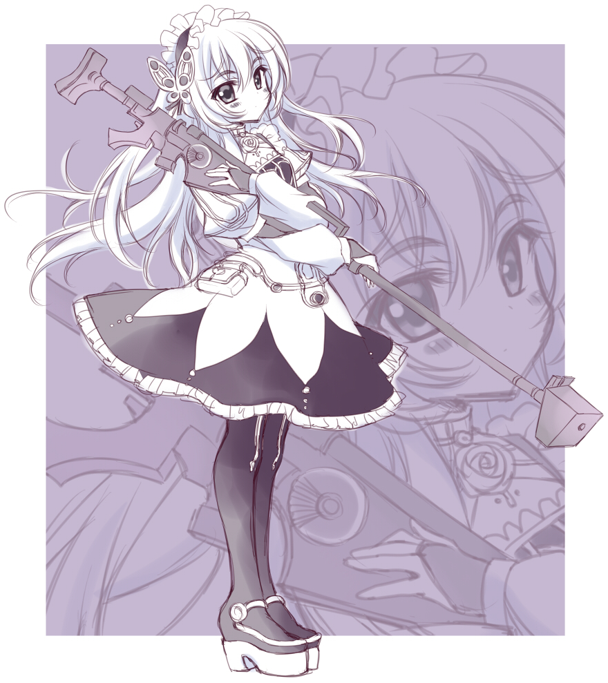 1girl, blush, butterfly_hair_ornament, chaika_trabant, dress, frills, gun, hair_ornament, hair_ribbon, hairband, hitsugi_no_chaika, lolita_hairband, long_hair, monochrome, platform_footwear, puffy_sleeves, ribbon, rifle, seidou_(tukinomiyako), sniper_rifle, solo, weapon, zoom_layer