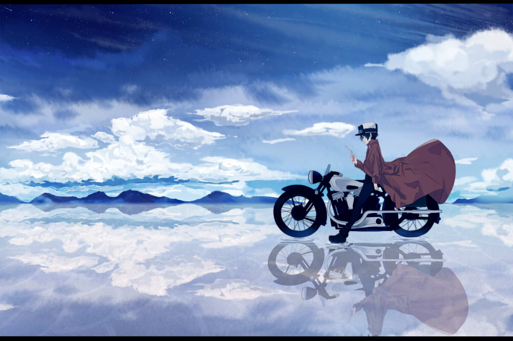 1girl, clouds, fur_hat, hat, hermes, kino, kino_no_tabi, motor_vehicle