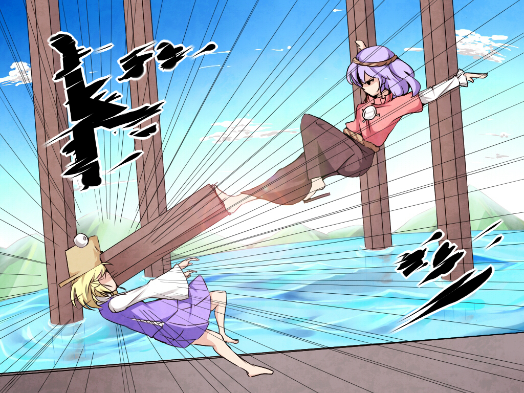 barefoot, blonde_hair, blue_sky, emphasis_lines, hat, hiyashi_mikan, in_the_face, lavender_hair