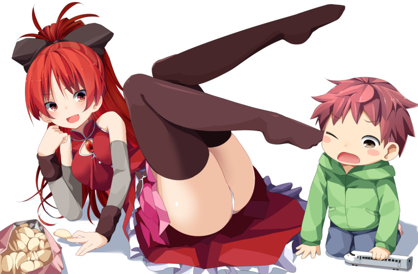 1boy, 1girl, :d, bare_shoulders, black_legwear, blush_stickers, bow, brown_eyes, brown_hair, detached_sleeves, fang, food, hair_bow, kaname_tatsuya, legs_up, long_hair, magical_girl, mahou_shoujo_madoka_magica, ogadenmon, open_mouth, panties, ponytail, potato_chips, red_eyes, redhead, sakura_kyouko, smile, thigh-highs, toy, toy_train, underwear, white_panties, wince