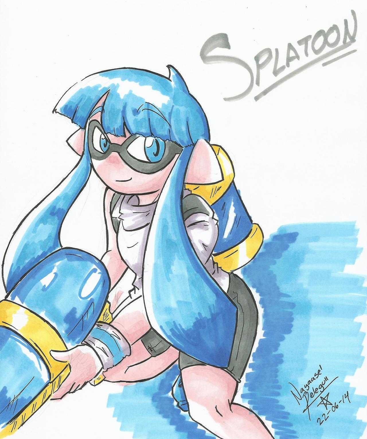 1girl, bike_shorts, blue_eyes, blue_hair, flat_chest, highres, inkling, long_hair