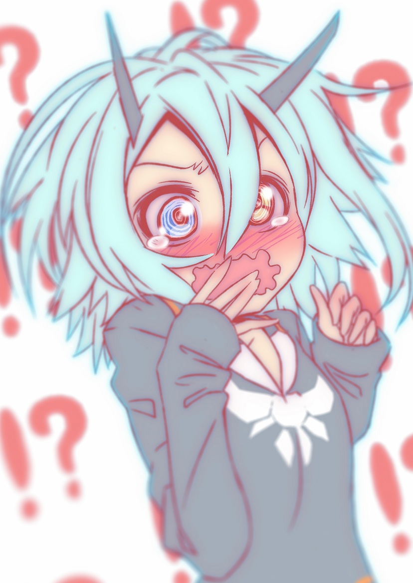 !?, 1girl, blue_clothes, blue_eyes, blue_hair, blush, hair_between_eyes, hand_to_own_mouth