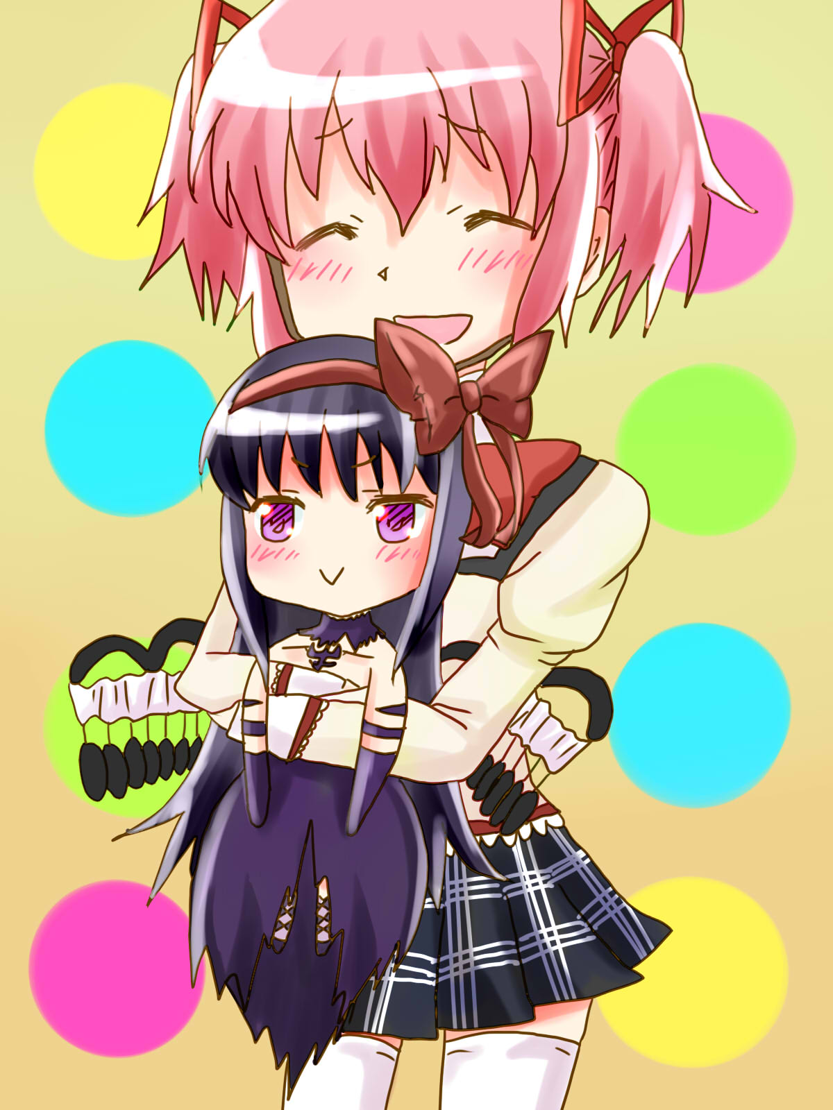 2girls, :>, :d, akemi_homura, akuma_homura, argyle, argyle_legwear, ayukazu