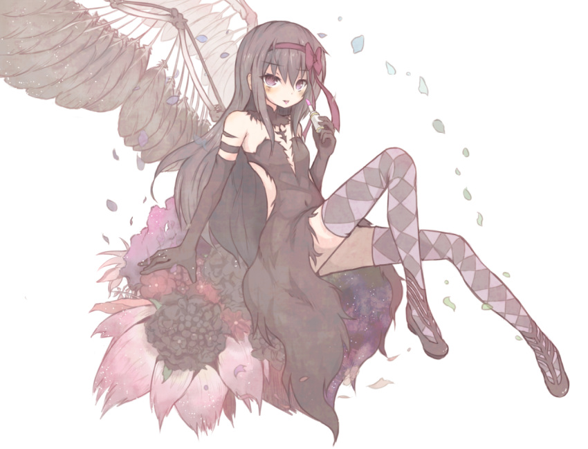 1girl, akemi_homura, akuma_homura, argyle, argyle_legwear, bare_shoulders, black_gloves, black_hair