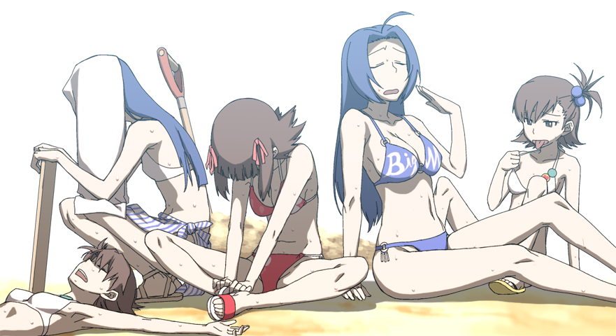 :p, adjusting_clothes, ahoge, amami_haruka, bikini, breasts, futami_ami, futami_mami