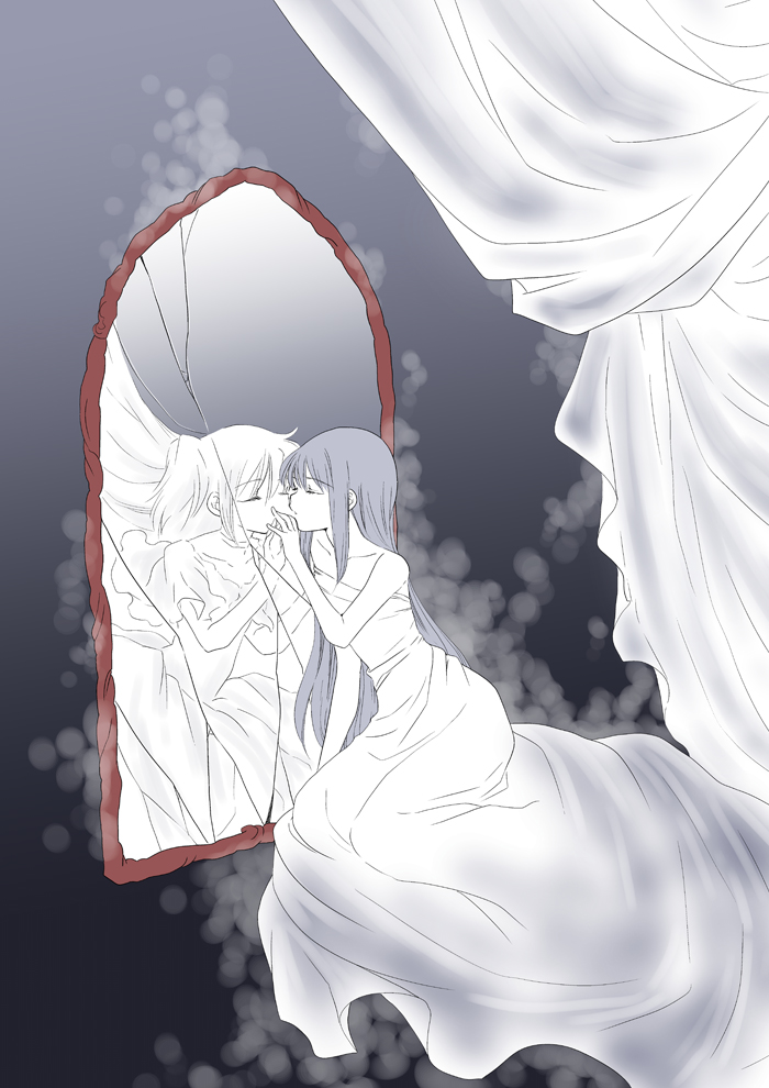 2girls, against_mirror, akemi_homura, black_hair, broken_mirror, closed_eyes, crack, curtains
