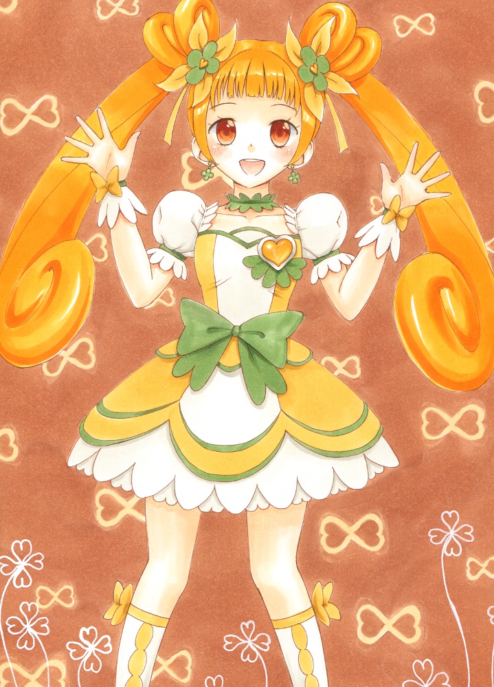 1girl, blush, bow, cure_rosetta, dokidoki!_precure, double_bun, dress, earrings, heart, jewelry, long_hair, magical_girl, open_mouth, orange_eyes, orange_hair, precure, smile, solo, watayuki, wrist_cuffs, yotsuba_alice