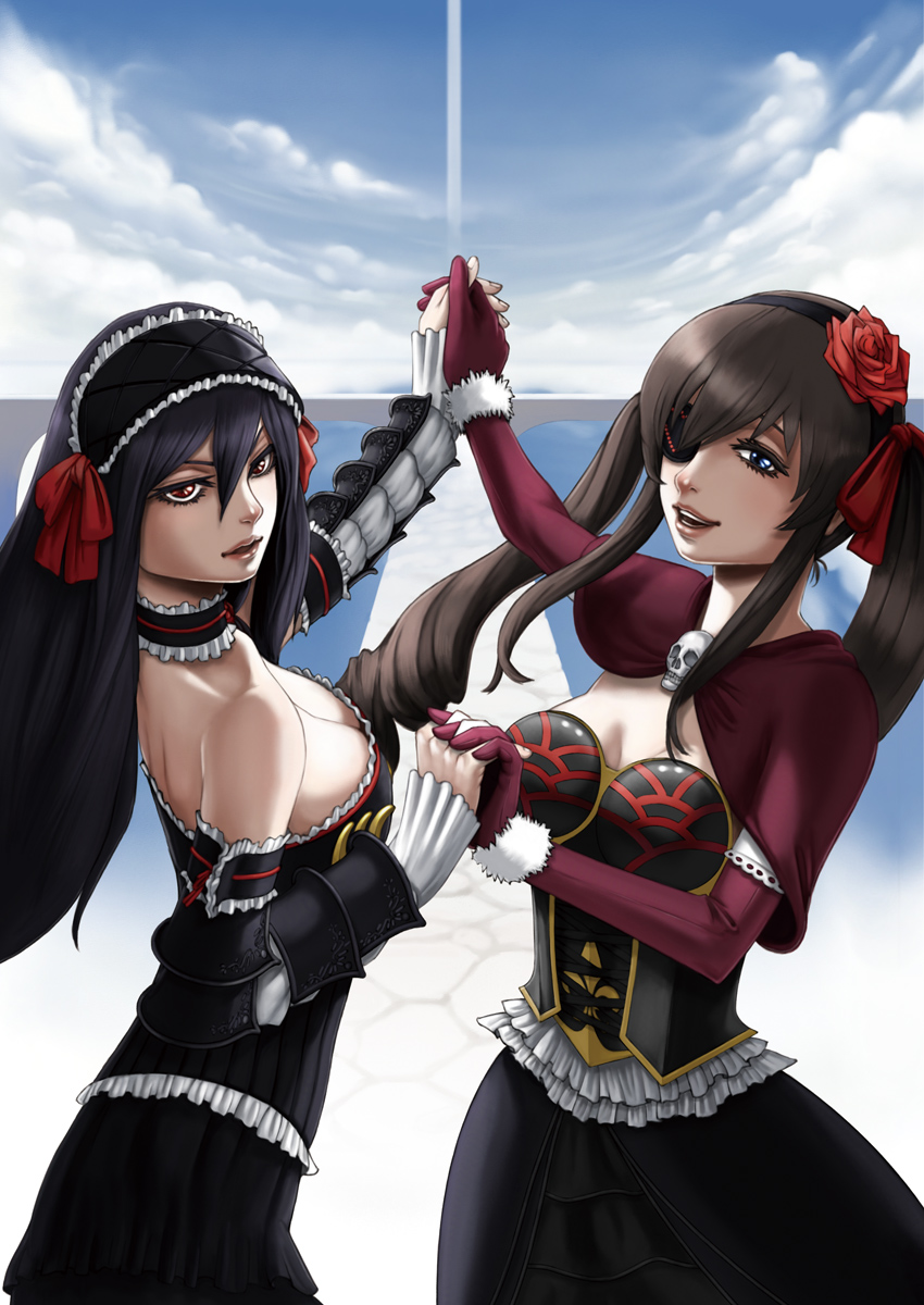 april_(coyote_ragtime_show), armor, black_hair, blue_eyes, bow, breasts, brown_hair, cape
