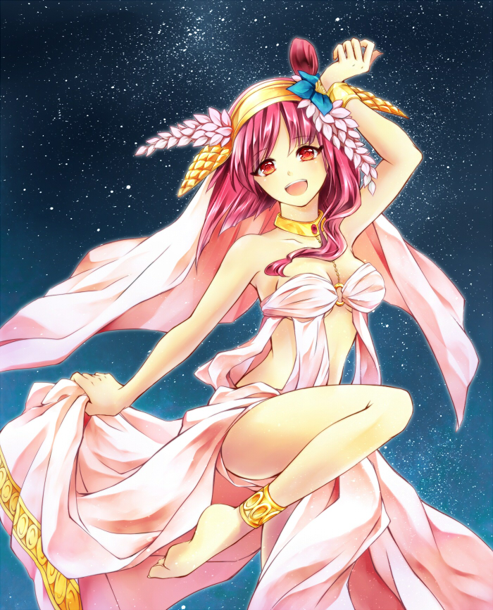 1girl, bare_shoulders, eiro, headdress, long_hair, magi_the_labyrinth_of_magic, morgiana, open_mouth, pink_hair, red_eyes, side_ponytail, sky, smile, solo, source_request