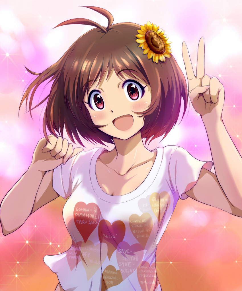 1girl, ahoge, blush, brown_hair, flower, hair_flower, happy, heart