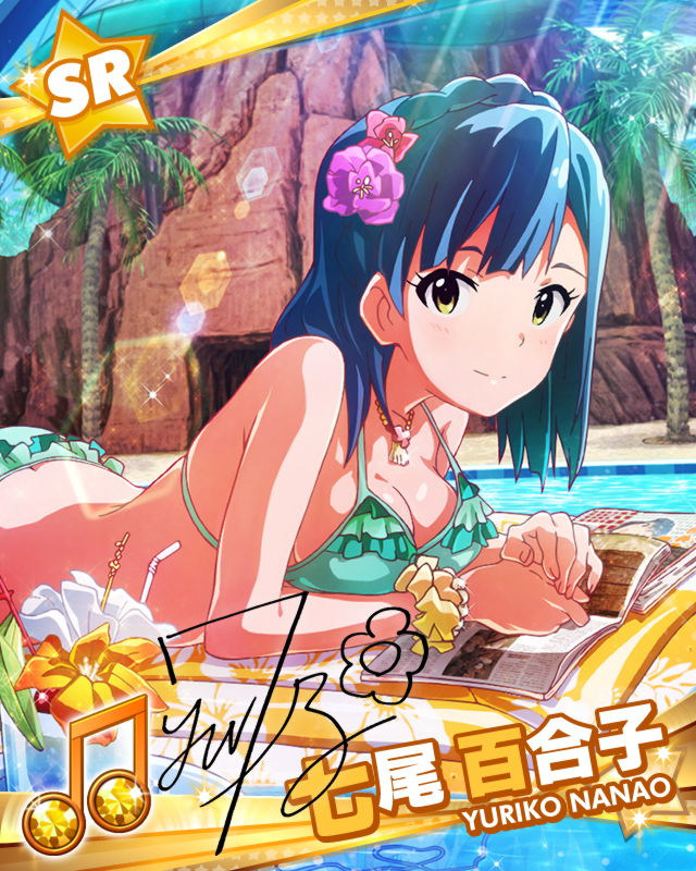 1girl, bikini, blue_hair, blush, book, cave, character_name, flower