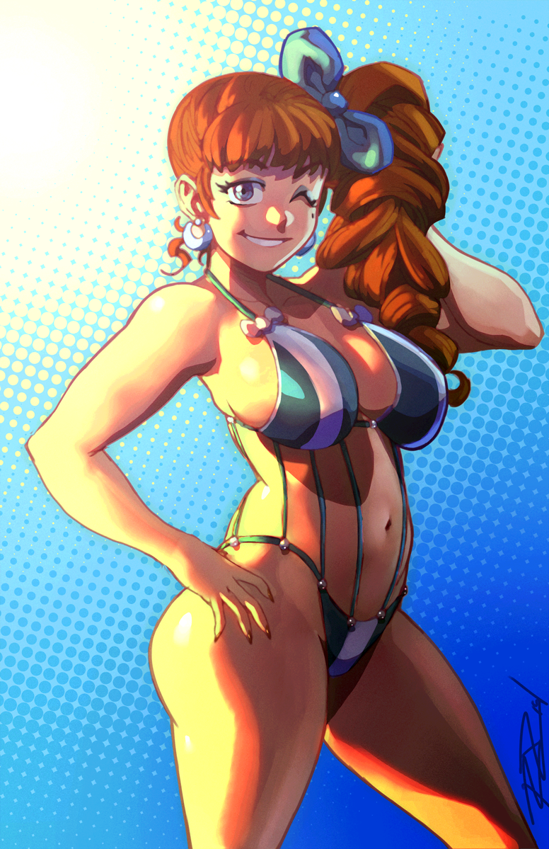 1girl, alternate_hairstyle, bikini, bliss_barson, blue_eyes, blue_lipstick, bow, breasts